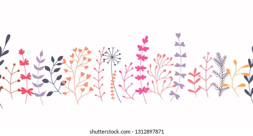 Seamless pattern with garden plants. Garden plants color hand drawn illustration. Home decorations and interior design elements.  
