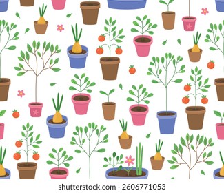 Seamless pattern. Garden potted plants, growing trees, flowers and vegetables. Different plants on a white background.