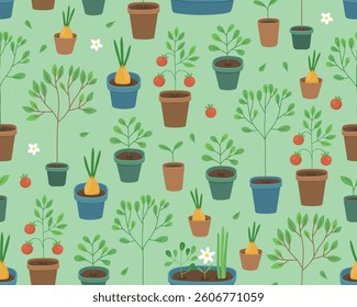 Seamless pattern. Garden potted plants, growing trees, flowers and vegetables. Different plants on a light green background.