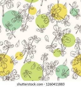 Seamless pattern with garden purslane: purslane flowering branch and leaves. Portulaca. Cosmetic and medical plant. Vector hand drawn illustration