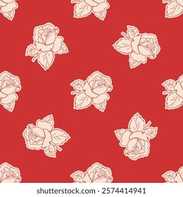 Seamless pattern Garden rose with leaves. Hand drawn sketch. Set of flowers. Vector illustration. 