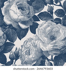 Padrão contínuo com rosas de jardim isoladas em um fundo mutável. Vintage gravura ou desenho de tinta estilo ilustração vetor.