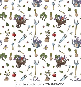 Seamless pattern. Garden set. Watering can, garden, tools, flowers, doodle, creativity, hobby. Cute pattern for women. Drawing for clothes.