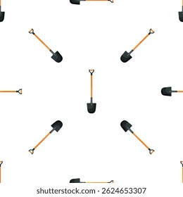 Seamless pattern of garden shovel with wooden handle for digging on white background, gardening tool, vector illustration