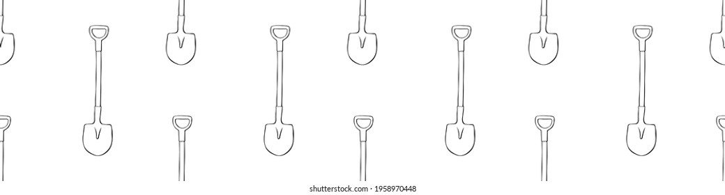 Seamless pattern with garden shovels, spades, scoops. Vector backgrounds and textures with tools for working on the farm, in dacha, country site in flat doodle style. Hand drawn isolated illustration