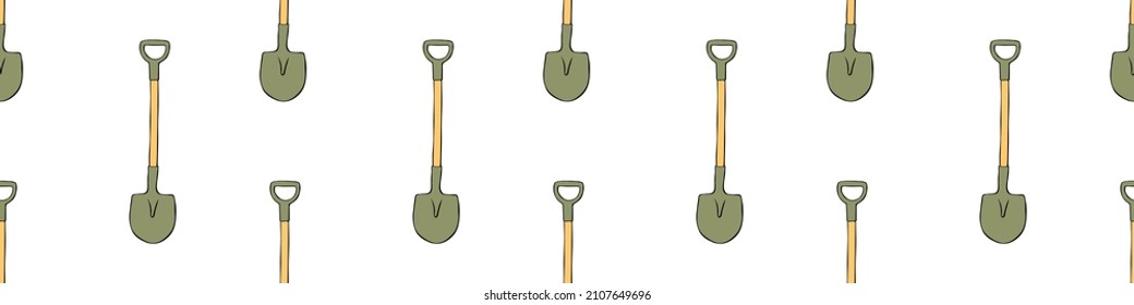Seamless pattern with garden shovels, spades, scoops. Vector backgrounds and textures with tools for working on the farm, in dacha, country site in flat doodle style. Hand drawn isolated illustration