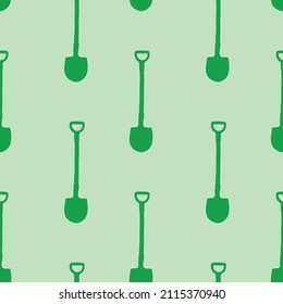 Seamless pattern with garden shovels, spades, scoops. Vector backgrounds and textures with tools for working on the farm, in dacha, country site in flat doodle style. Hand drawn isolated illustration