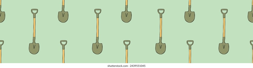 Seamless pattern with garden shovels, spades, scoops. Vector backgrounds and textures with tools for working on the farm, in dacha, country site in flat doodle style