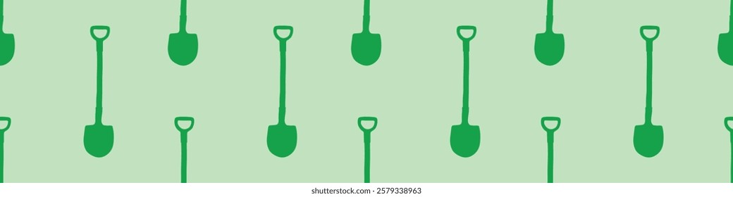 Seamless pattern with garden shovels, spades, scoops. Vector green backgrounds and textures with tools for working on the farm, in dacha, country site in flat style