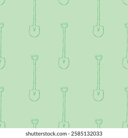 Seamless pattern with garden shovels, spades, scoops. Vector backgrounds and textures with tools for working on the farm, in dacha, country site in flat doodle style. Hand drawn isolated illustration.