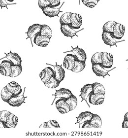 seamless pattern garden snail hand drawn. object slug, slow insect, plant invertebrate garden snail black sketch illustration