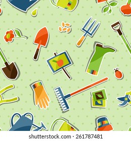 Seamless pattern with garden sticker design elements and icons.