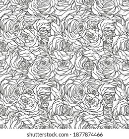 Seamless pattern with garden tea roses. Fresh blooming buds on repeated ornament. Linear flower endless texture for office supplies and printing on fabrics.