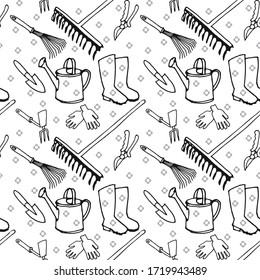 Nahtlose Muster von Gartenwerkzeug-Doodles, wie Rake, Wasserdose, Schaufel, Handschuhe, Pruner.