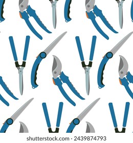 Seamless pattern with garden tools. Background with pruners, scissors, saws