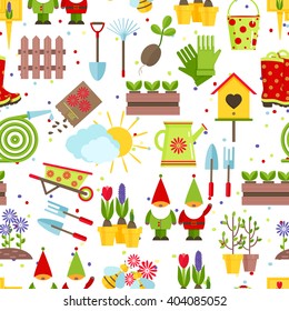 Seamless pattern from garden tools and decorative elements for  garden. Colour rake, shovels, seeds, saplings, buckets, watering cans,garden gnomes and other gardening tools on  white background.