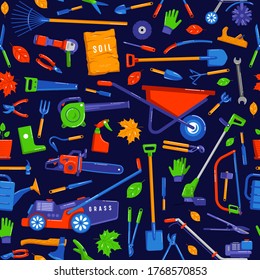 Seamless pattern with garden tools. Design in a flat style. Color print on black background