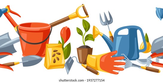 Nahtloses Muster mit Gartenwerkzeugen und -ausrüstung.