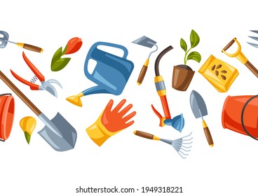 Seamless pattern with garden tools and equipment. Gardening illustration.