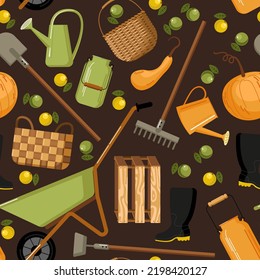seamless pattern with garden tools, everything for the garden, shovel, wheelbarrow, watering can, rake, chopper, baskets and boxes, rubber boots