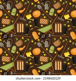 seamless pattern with garden tools, everything for the garden, shovel, wheelbarrow, watering can, rake, chopper, baskets and boxes, rubber boots