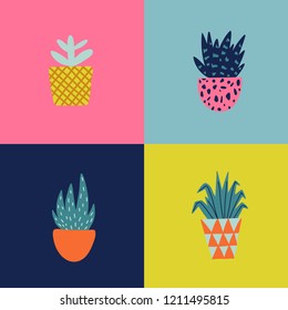 Seamless pattern with garden tools and flower pots. Vector illustration of gardening elements. Beautiful print with home plants.