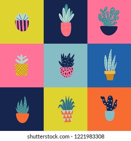 Seamless pattern with garden tools and flower pots.Vector illustration of gardening elements. Beautiful print with home plants.