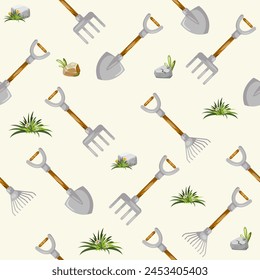Nahtlose Muster Gartenwerkzeuge. Freihandzeichnung, Vektorillustration.