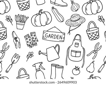 Seamless pattern of garden tools, gloves, boots, vegetables, fruits in hand-drawn doodle style, thin black vector lines on white background, clean minimal look, perfect for packaging, textiles, prints