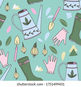 Seamless pattern with garden tools, green background, fabric design. Vector illustration