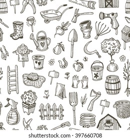 Seamless pattern with garden tools. Hand drawn vector illustration. Freehand sketches isolated equipment.