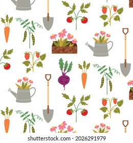 Seamless Pattern Garden Tools Harvest. Repetitive background with a rustic motif. Vector hand draw paper, nursery design wallpaper