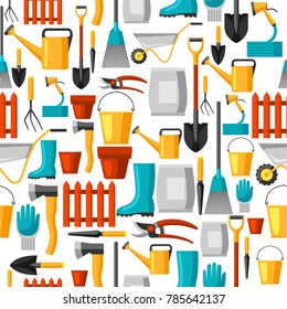 Seamless pattern with garden tools and icons. All for gardening business illustration.