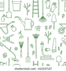 Seamless Pattern With Garden Tools. Isolated Working Equipment On White Background. 