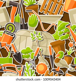 Seamless pattern with garden tools and items. Season gardening illustration.