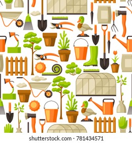 Seamless pattern with garden tools and items. Season gardening illustration.