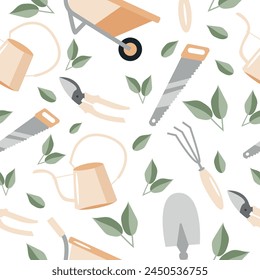 seamless pattern of garden tools namely shovel, secateurs, wheelbarrow, rake, saw and watering can in pastel brown colors and green leaves, for textile, print or banner