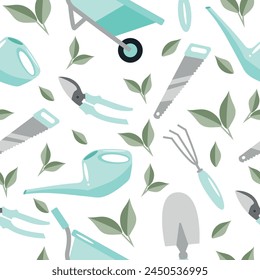 seamless pattern of garden tools namely shovel, secateurs, wheelbarrow, rake, saw and watering can in pastel blue colors and green leaves, for textile, print or banner