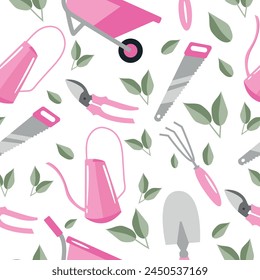 seamless pattern of garden tools namely shovel, secateurs, wheelbarrow, rake, saw and watering can in pastel pink colors and green leaves, for textile, print or banner