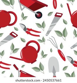 seamless pattern of garden tools namely shovel, secateurs, wheelbarrow, rake, saw and watering can in red colors and green leaves, for textile, print or banner