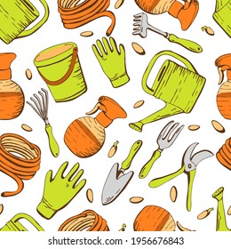 Seamless pattern with garden tools on a white isolated background in doodle style. Vector illustration