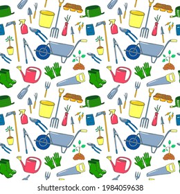 Seamless pattern with garden tools and plants in doodle style. Gardening. For printing wrapping paper, wallpaper, packaging, fabric. Hand Drawn vector illustration.
