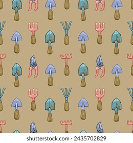 Seamless pattern with garden tools: shovels, rakes, pruning shears on a beige background.