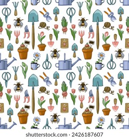 Seamless pattern with garden tools, tulips, flowers in pots, watering cans, scissors, bees.