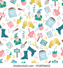 Seamless pattern with garden tools. Vector cartoon illustration of garden elements watering can, seeds, soil, plant, flowers, rake and shovel. Spring time background.