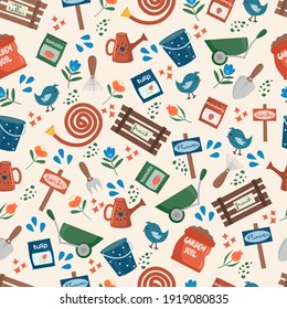 Seamless pattern with garden tools. Vector illustration of garden elements watering can, seeds, soil, plant, flowers, rake and shovel. Spring time background.