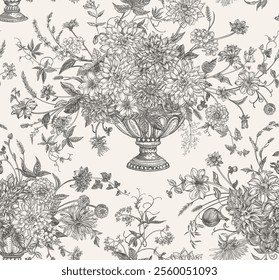 Seamless pattern with garden vases and flower bouquets. Floral arrangement with autumn and summer flowers, apples, berries and cereals. Harvest festival. Vector vintage illustration. Black and white.