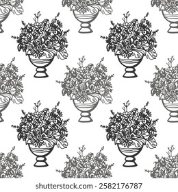 Seamless pattern with garden vases and flower bouquet. Monochrome floral design for fabric, textile, wrapping paper