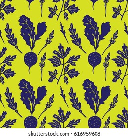 Seamless pattern of garden vegetables on a yellow background. Hand drawing.