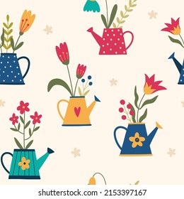 Seamless pattern with garden watering can with flowers. Garden background. Cartoon flat style vector illustration.